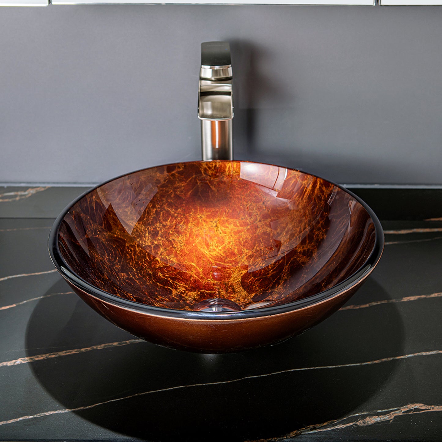 Vinnova Enna Reddish Brown Glass Circular Vessel Bathroom Sink without Faucet