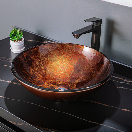 Vinnova Enna Reddish Brown Glass Circular Vessel Bathroom Sink without Faucet