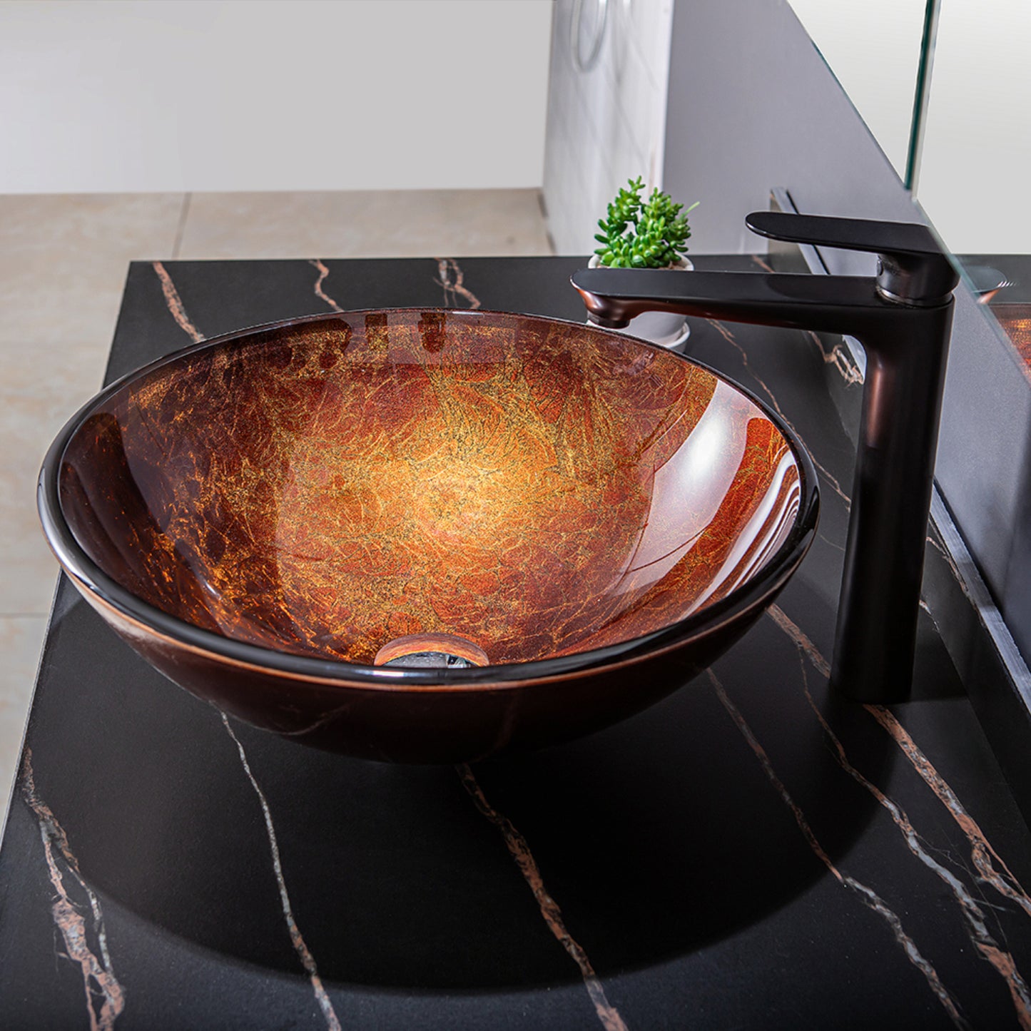 Vinnova Enna Reddish Brown Glass Circular Vessel Bathroom Sink without Faucet