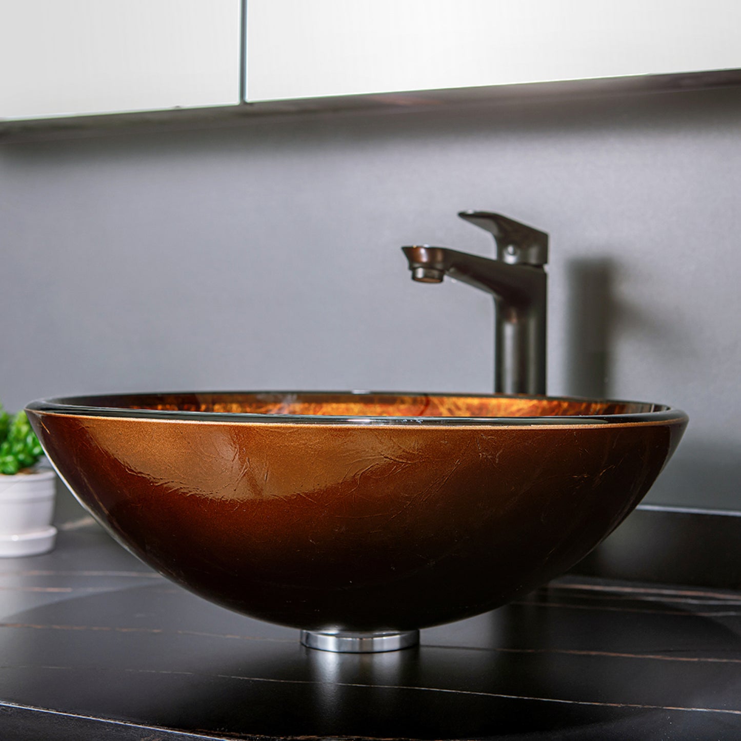 Vinnova Enna Reddish Brown Glass Circular Vessel Bathroom Sink without Faucet