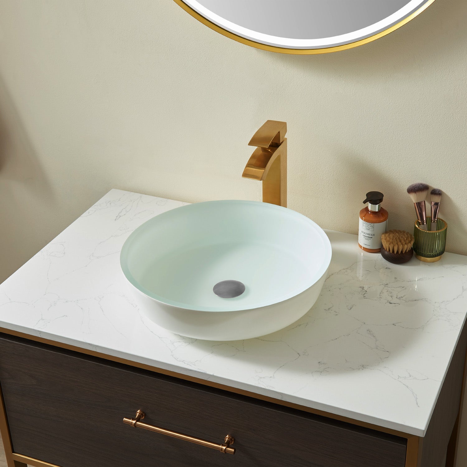Vinnova Ferrol Temprered Glass Circular Vessel Bathroom Sink without Faucet