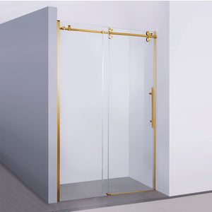 Open image in slideshow, Vinnova Massa Single Sliding Frameless Shower Door in Brushed Gold
