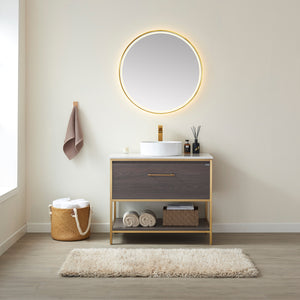 Open image in slideshow, Murcia Bathroom Vanity in Suleiman Oak with White Composite Grain Stone Countertop
