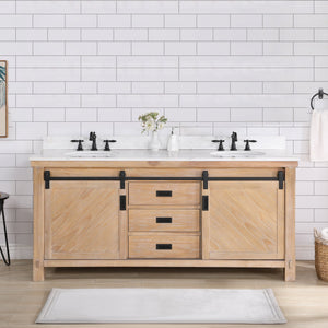 Open image in slideshow, Cortes 72&quot; Double Sink Bath Vanity in Weathered Pine with White Composite Countertop
