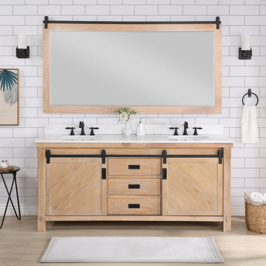 Cortes 72" Double Sink Bath Vanity in Weathered Pine with White Composite Countertop