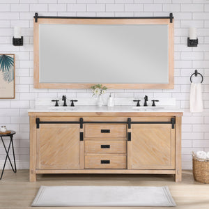 Open image in slideshow, Cortes 72&quot; Double Sink Bath Vanity in Weathered Pine with White Composite Countertop
