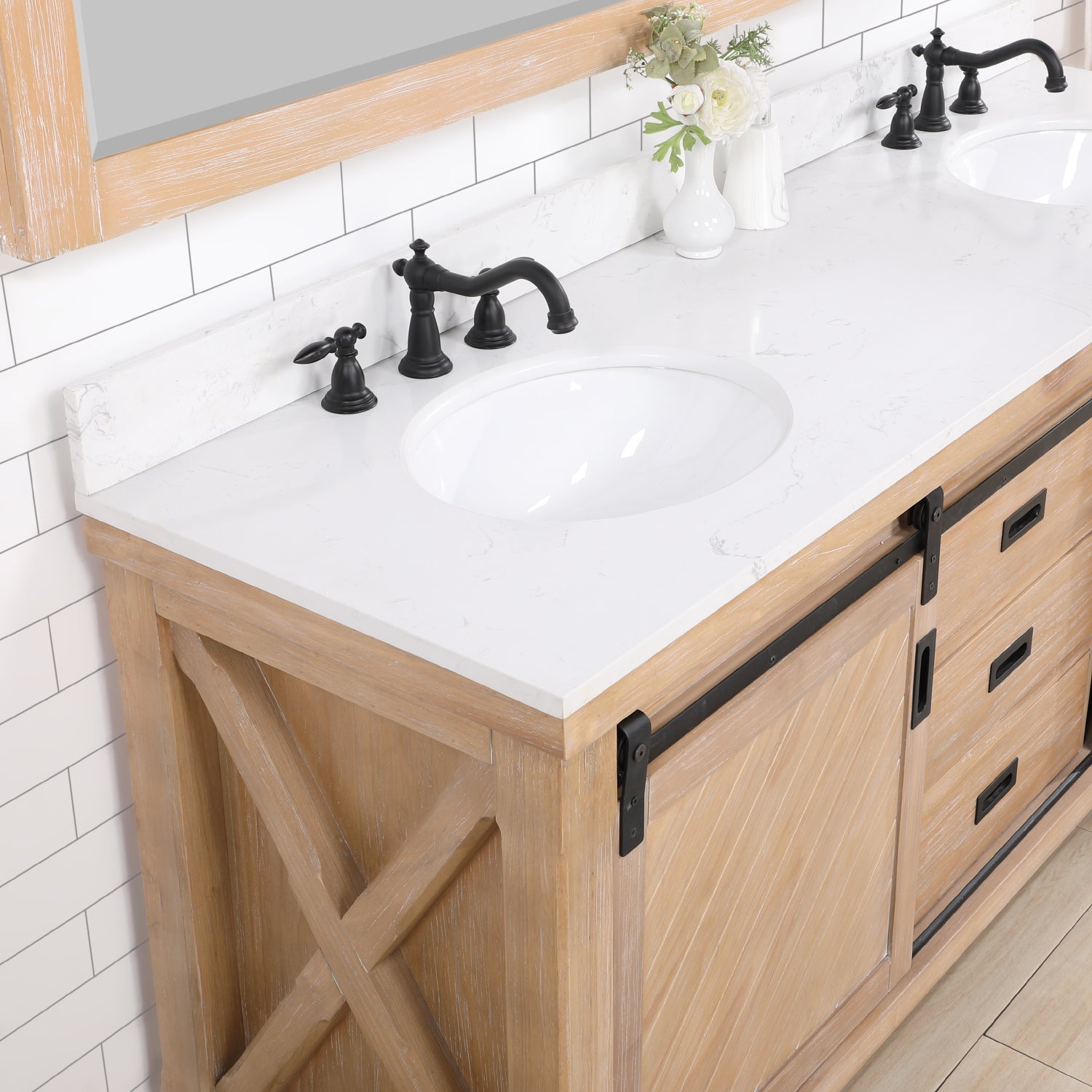 Cortes 72" Double Sink Bath Vanity in Weathered Pine with White Composite Countertop
