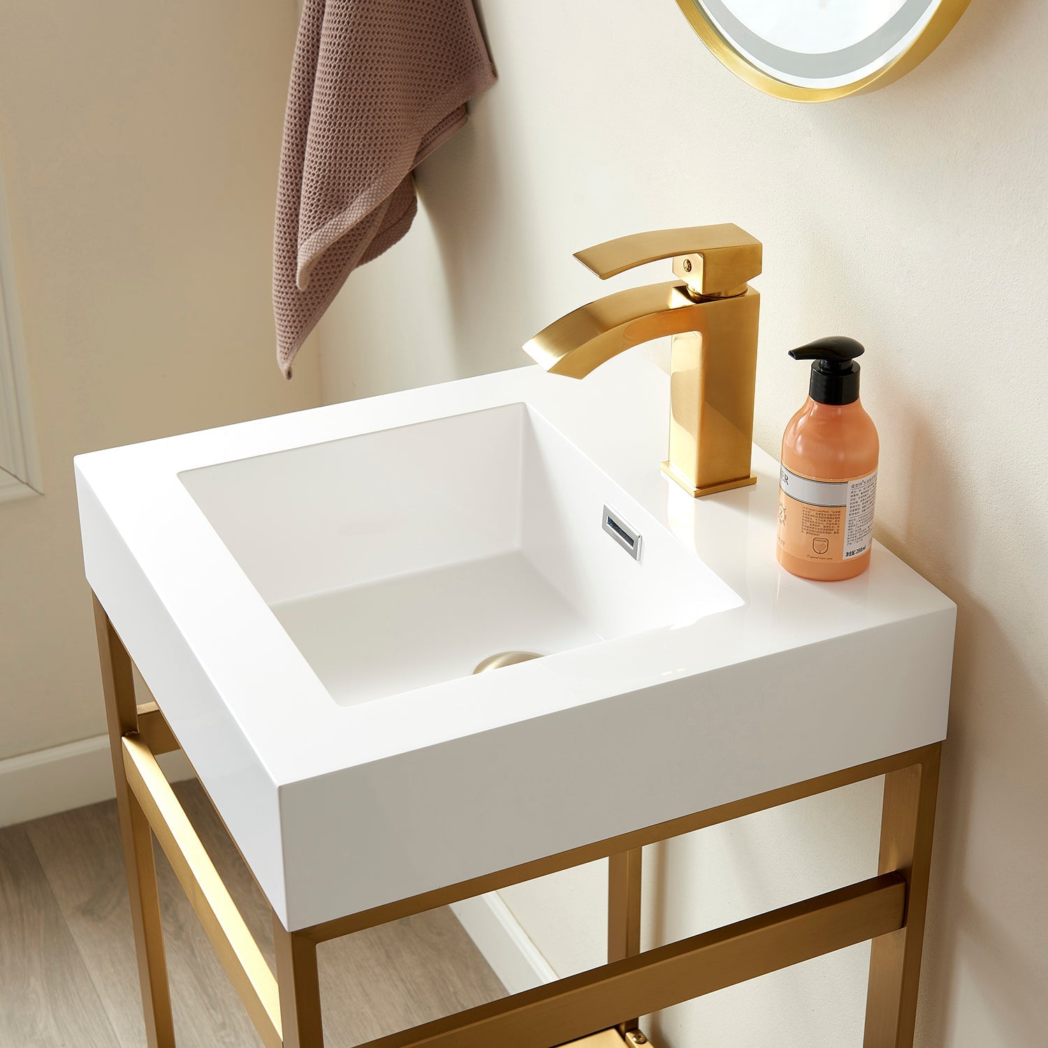Vinnov Ablitas Single Sink Bathroom Vanity with Metal Support and White One-Piece Composite Stone Sink Top