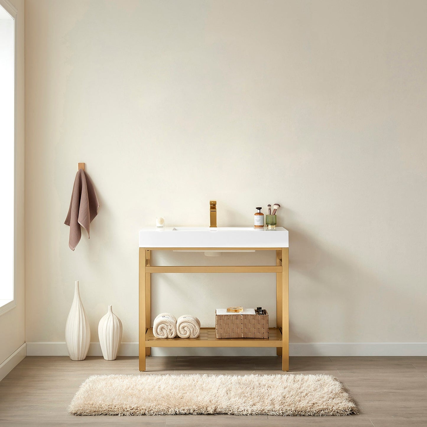 Ablitas 48" Single Sink Bathroom Vanity in Brushed Gold Metal Support and White One-Piece Composite Stone Sink Top