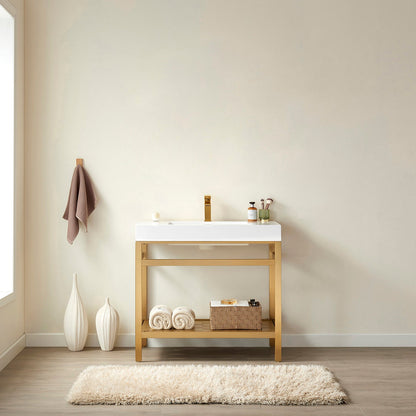 Ablitas 48" Single Sink Bathroom Vanity in Brushed Gold Metal Support and White One-Piece Composite Stone Sink Top