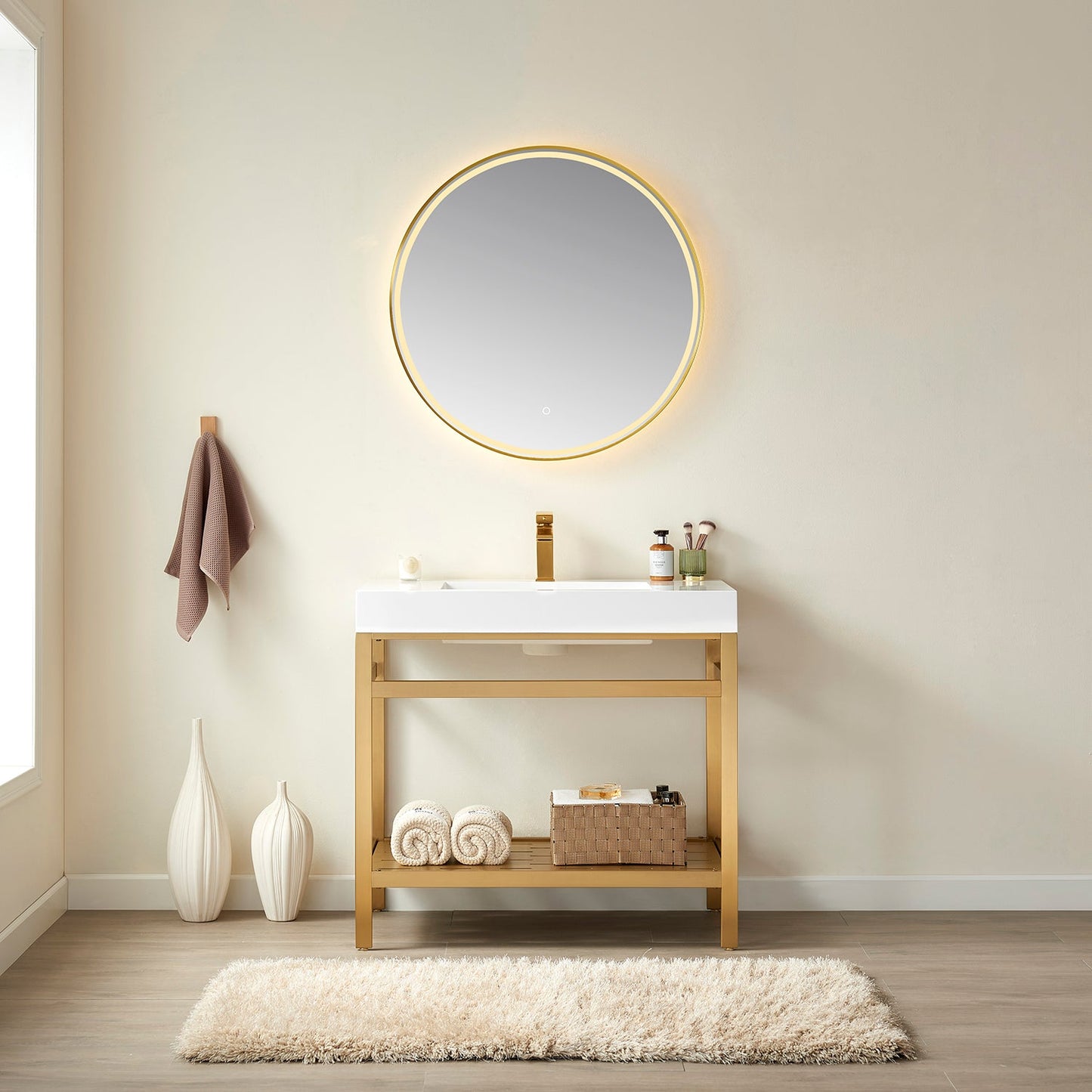 Ablitas 48" Single Sink Bathroom Vanity in Brushed Gold Metal Support and White One-Piece Composite Stone Sink Top