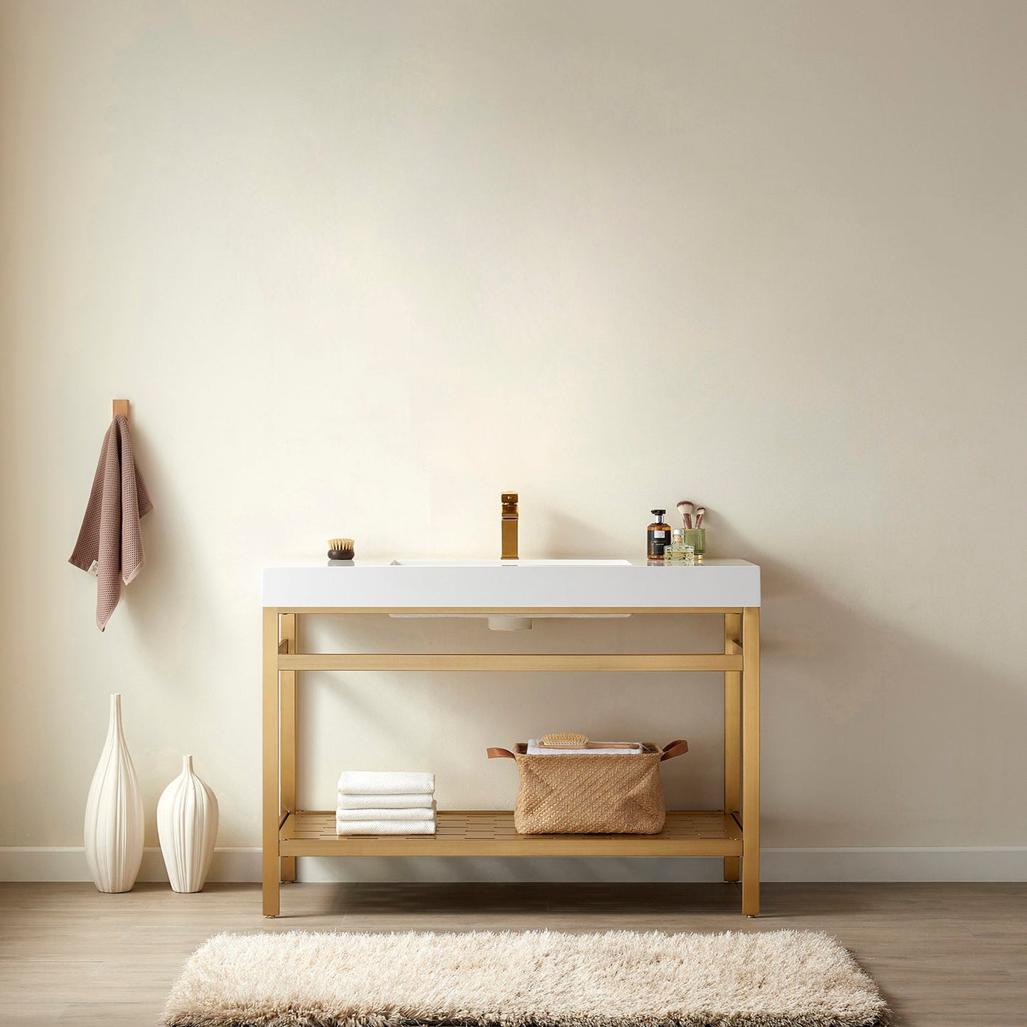 Ablitas 48" Single Sink Bathroom Vanity in Brushed Gold Metal Support and White One-Piece Composite Stone Sink Top