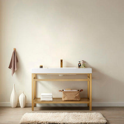 Ablitas 48" Single Sink Bathroom Vanity in Brushed Gold Metal Support and White One-Piece Composite Stone Sink Top