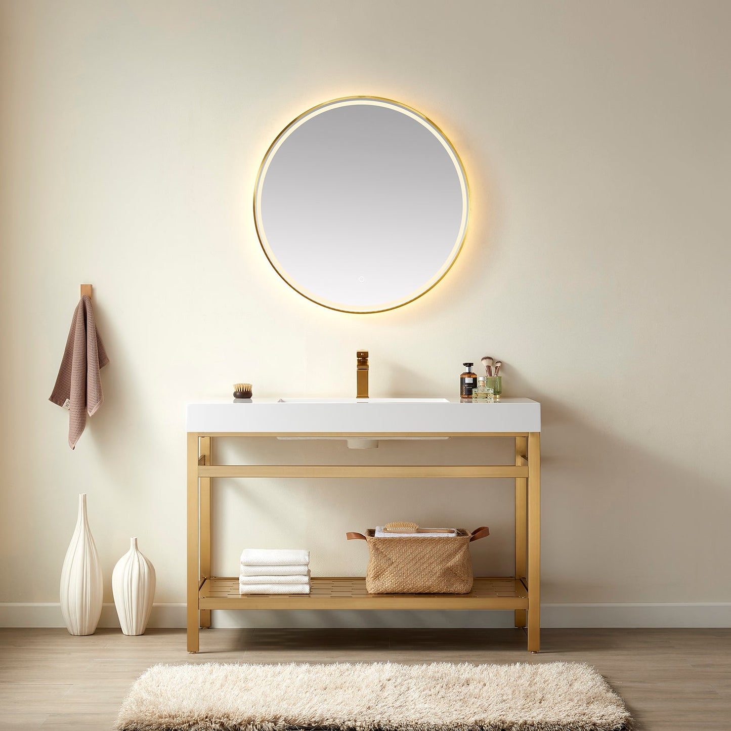 Ablitas 48" Single Sink Bathroom Vanity in Brushed Gold Metal Support and White One-Piece Composite Stone Sink Top