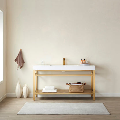 Ablitas 48" Single Sink Bathroom Vanity in Brushed Gold Metal Support and White One-Piece Composite Stone Sink Top