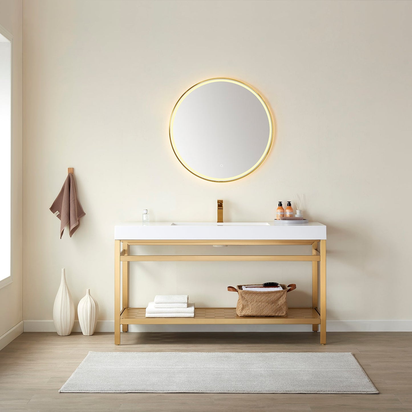 Ablitas 48" Single Sink Bathroom Vanity in Brushed Gold Metal Support and White One-Piece Composite Stone Sink Top