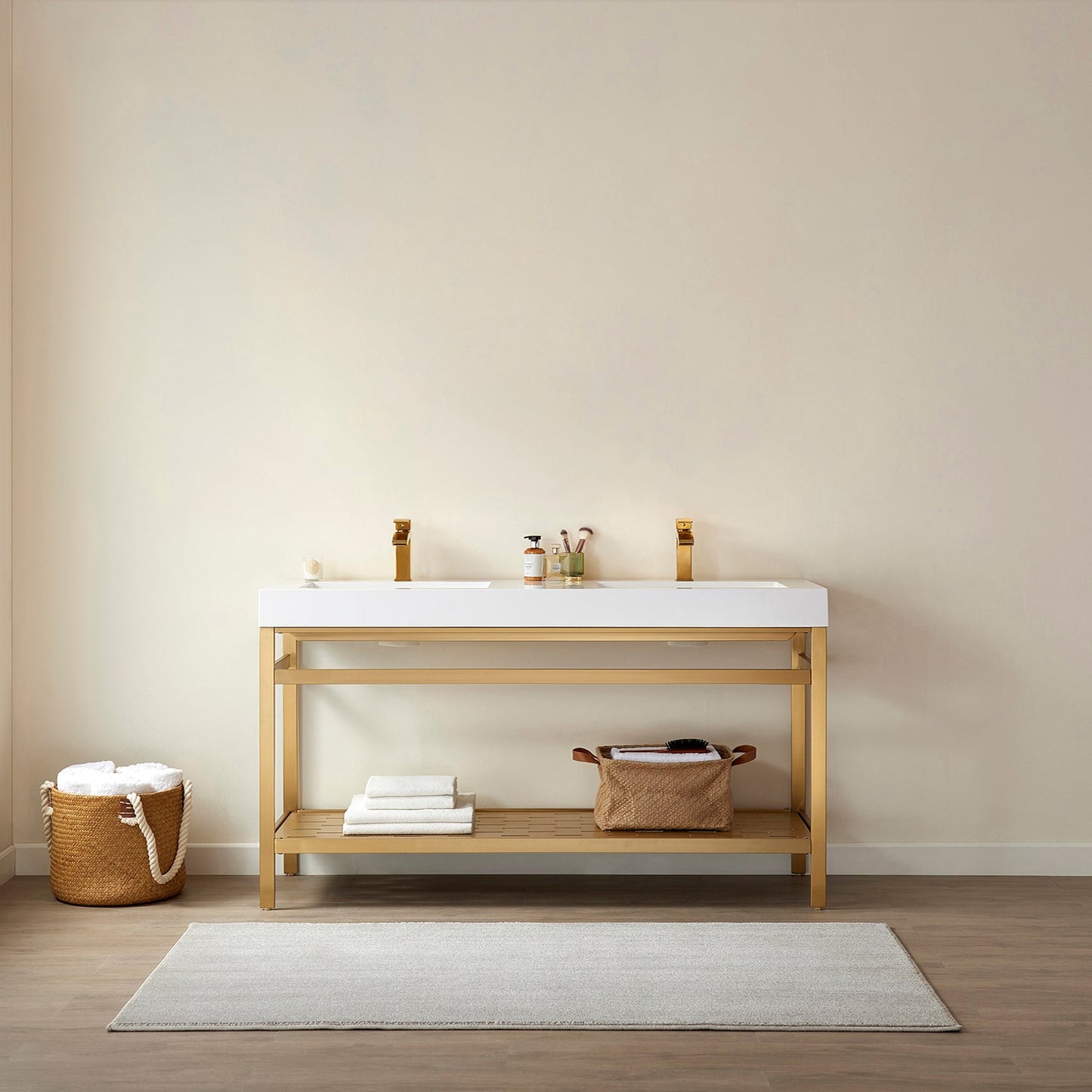 Vinnova Ablitas Double Sink Bathroom Vanity with Metal Support and White One-Piece Composite Stone Sink Top