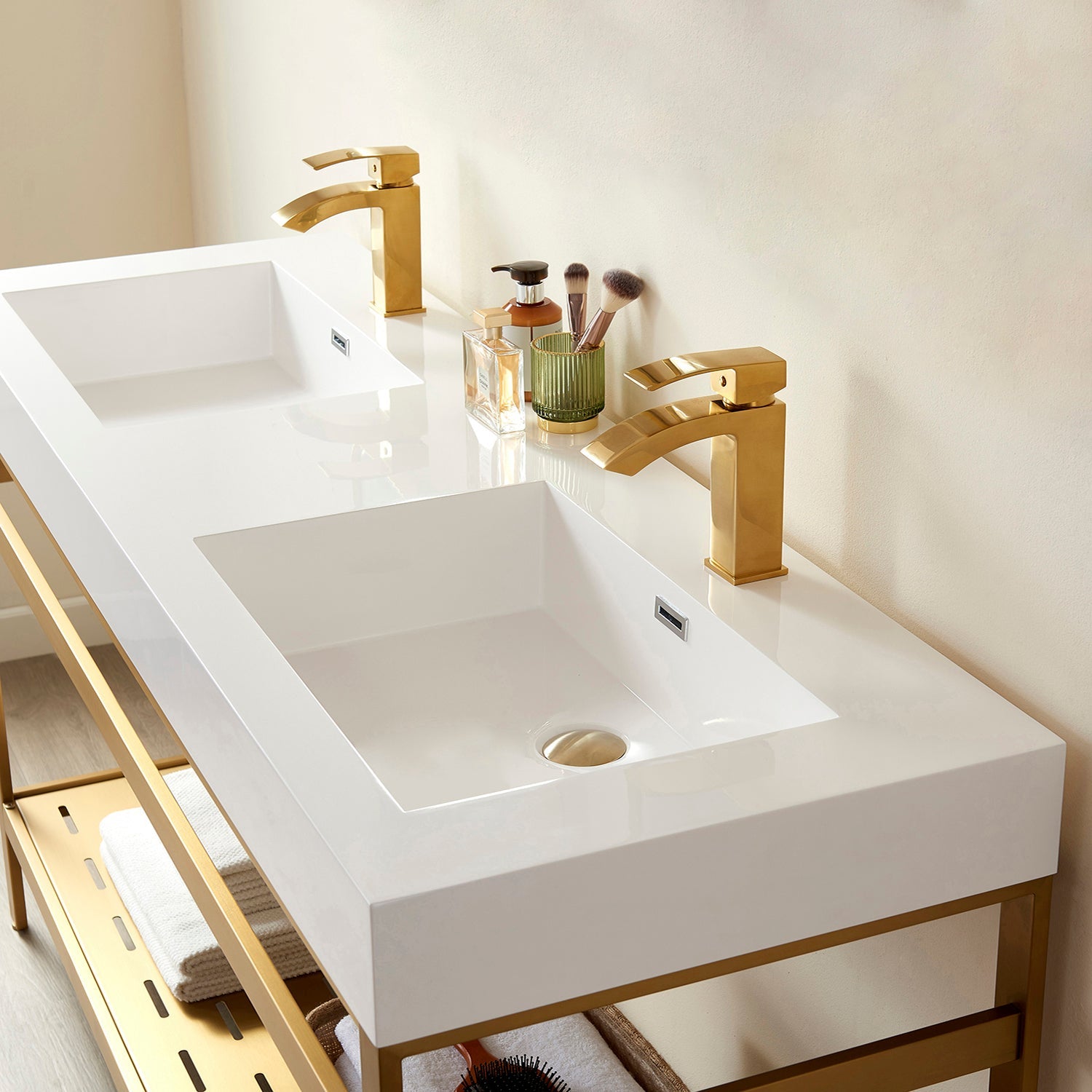 Vinnova Ablitas Double Sink Bathroom Vanity with Metal Support and White One-Piece Composite Stone Sink Top
