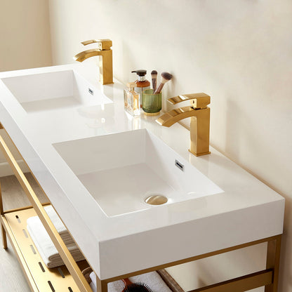 Vinnova Ablitas Double Sink Bathroom Vanity with Metal Support and White One-Piece Composite Stone Sink Top