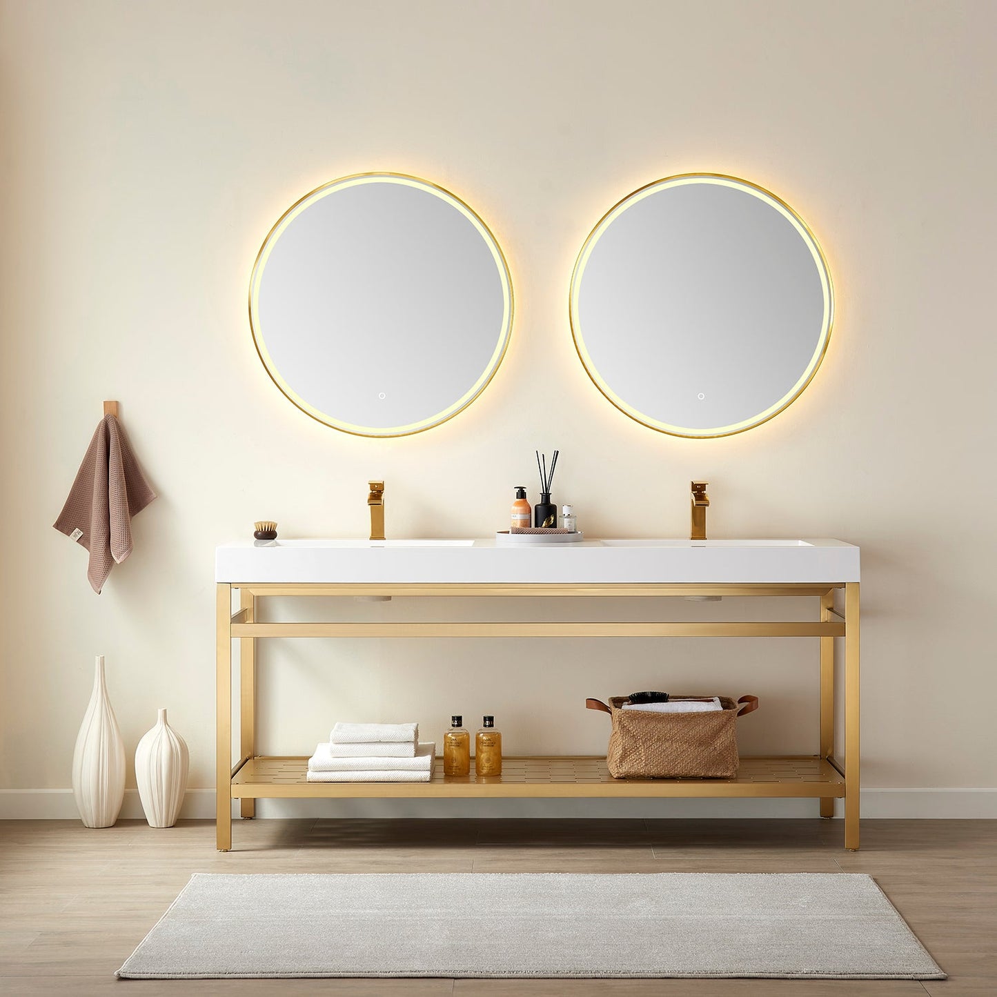 Ablitas Double Sink Bathroom Vanity with Metal Support and White Composite Stone Sink Top